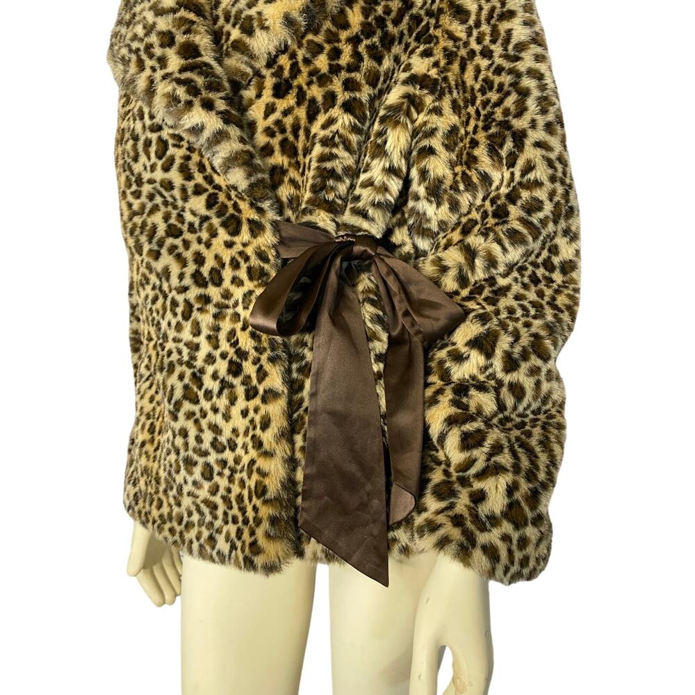 Vintage 2000s Leopard Faux Fur Wrap Coat Jacket With Side Ribbon Tie Large - Picture 6 of 16